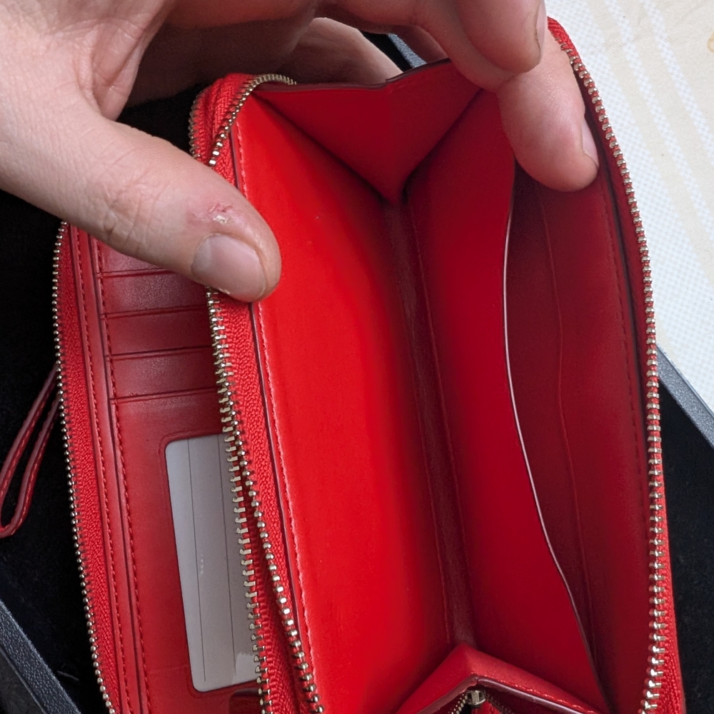 Coach Brown Floral Zip Wristlet with Red Trim - Picture 3 of 4